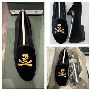Zalo Gentry Skull Gold Black Velvet Flat Slip on Loafer Spain Lip Based